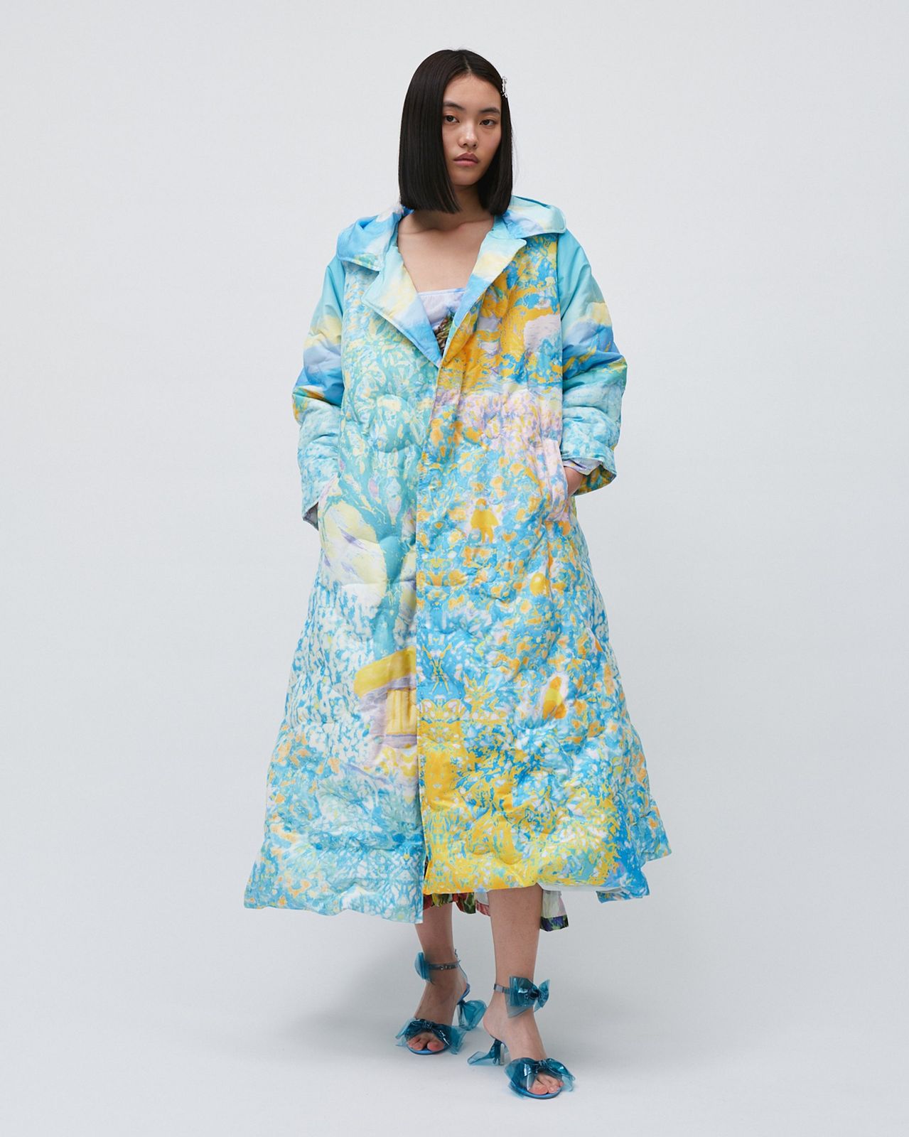 PRINTED HOODED PUFFER LONG COAT