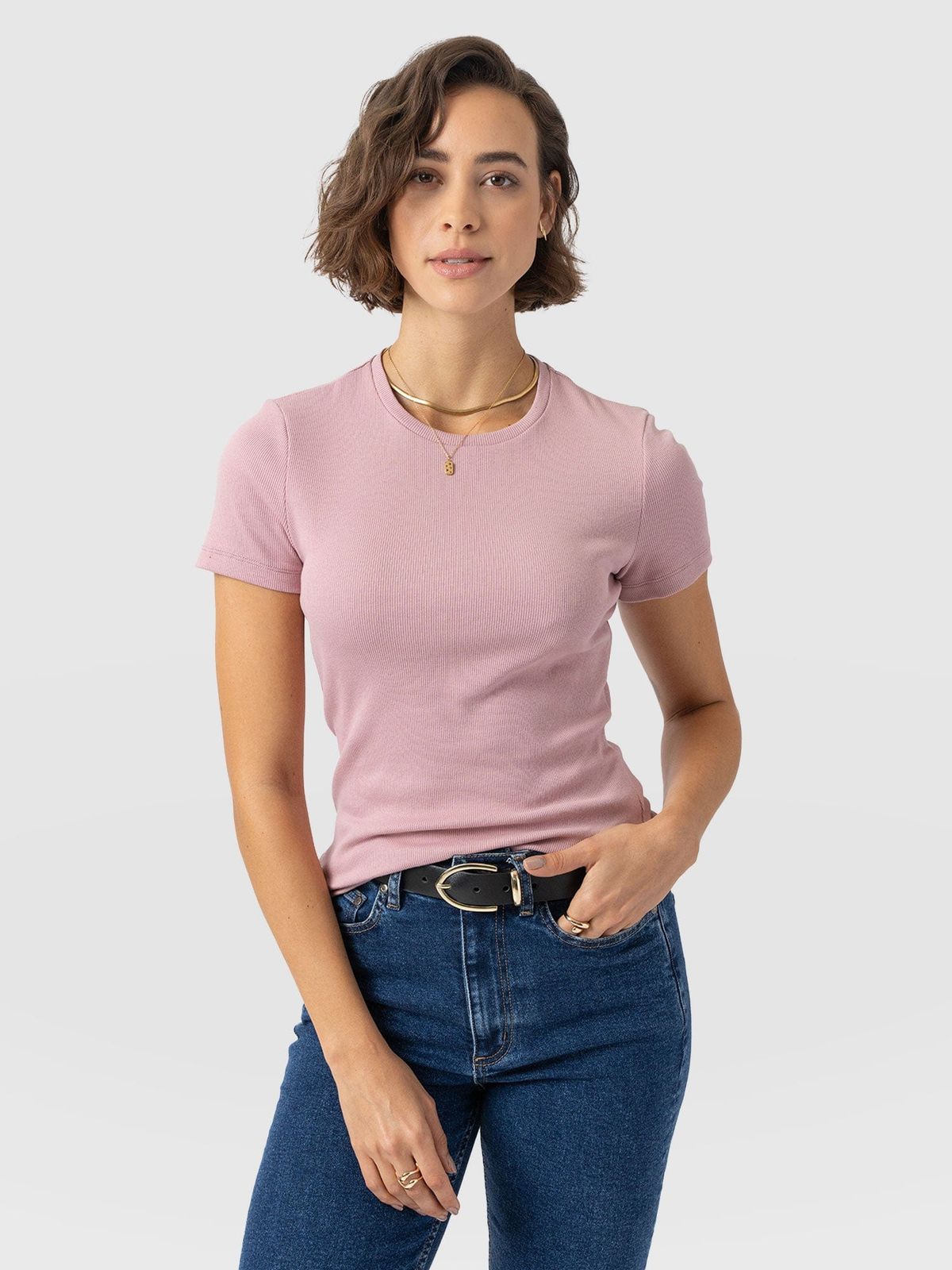 Ribbed Short Sleeve Tee - Pale Pink