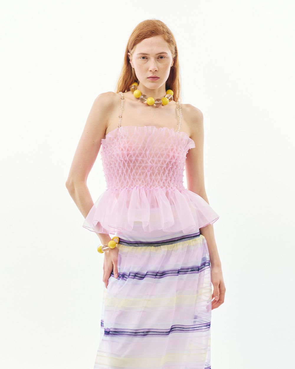 BUBBLE SMOCKED SHEER TOP