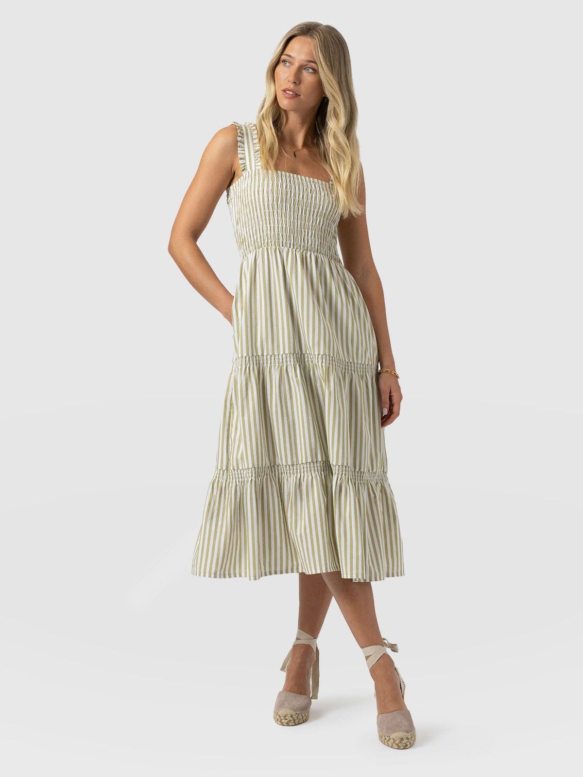 Maya Shirring Dress - Green Stripe
