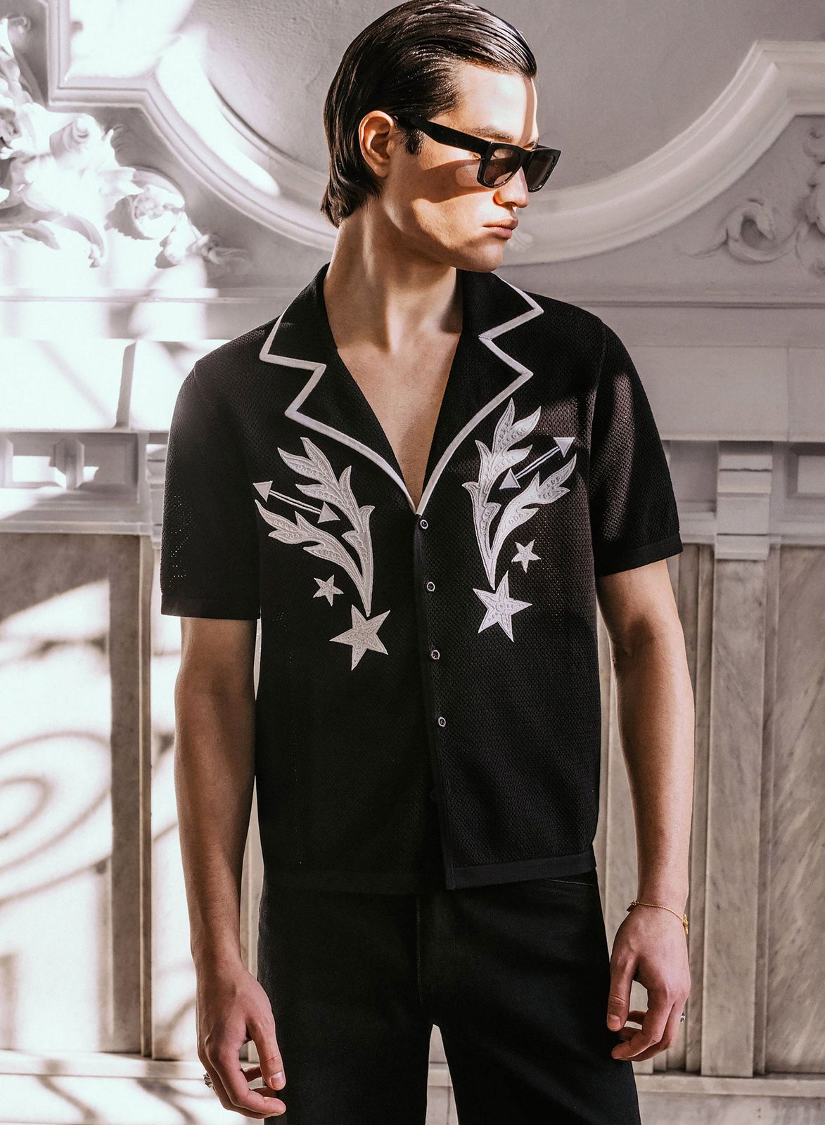 Black Embroidered Western Short Sleeve Shirt