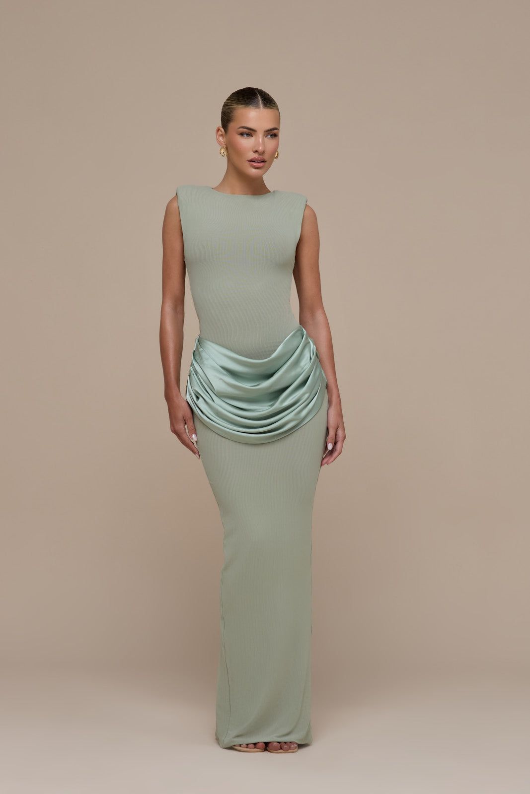 EMAN SLEEVELESS MAXI DRESS WITH SATIN DRAPED WAIST DETAIL | SAGE