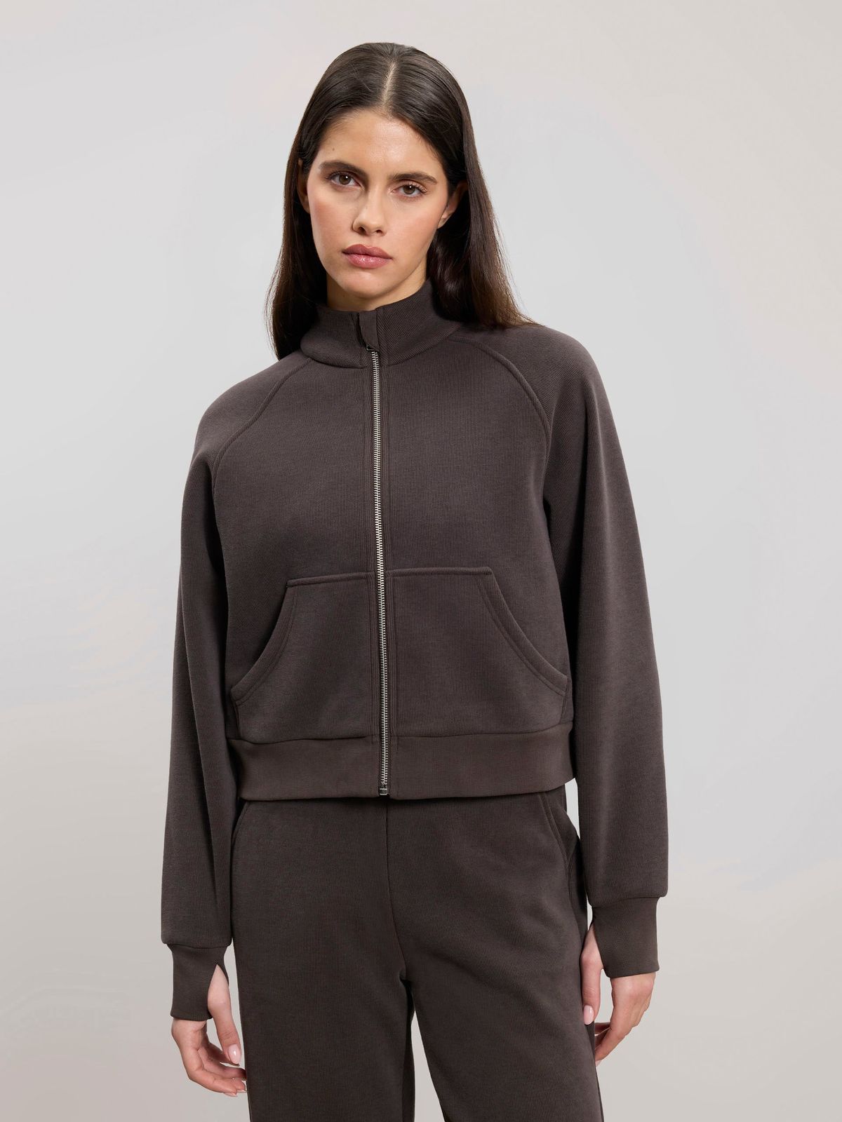 Womens Cosy Fleece Funnel Neck Jacket in Brown