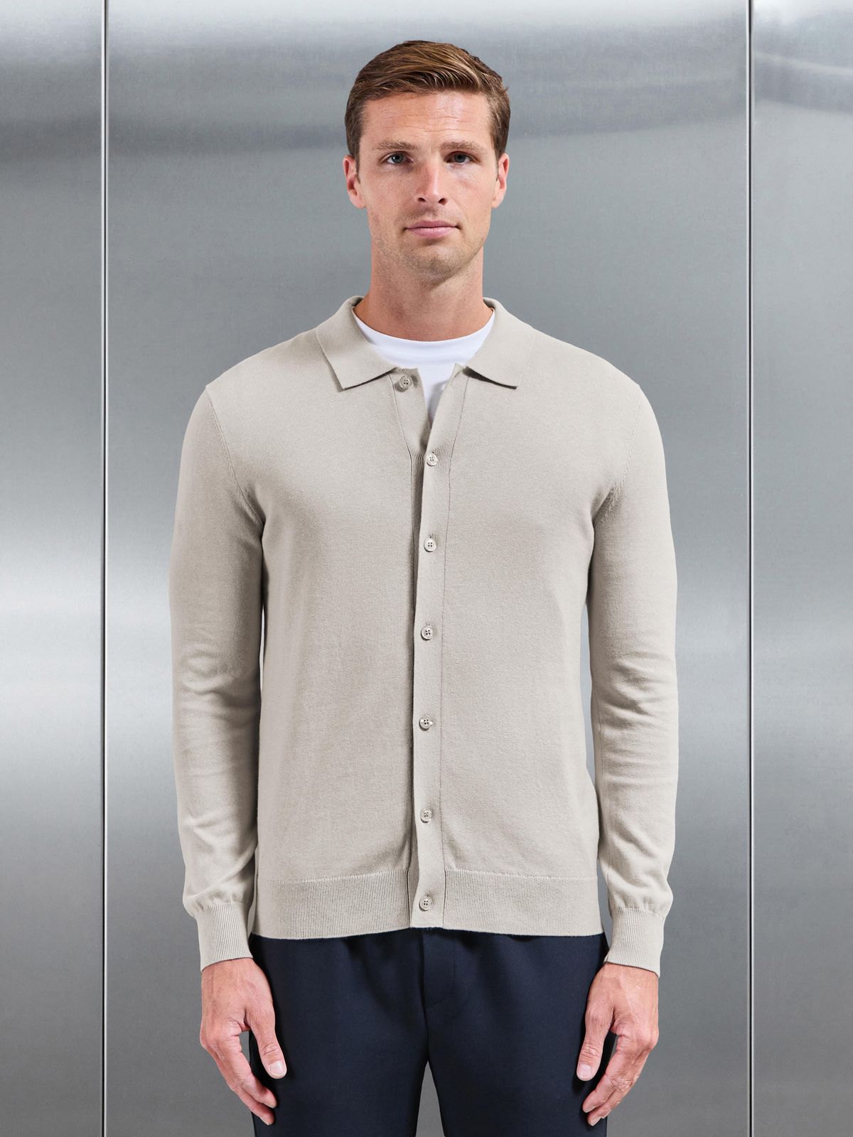 Cotton Knitted Button Through Overshirt in Stone