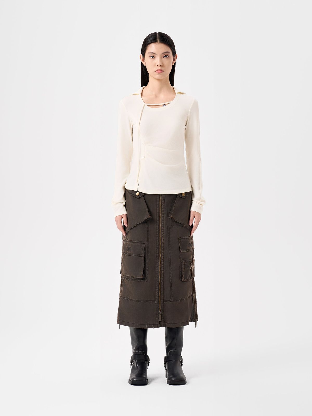 BROWN ZIP-UP UTILITY SKIRT