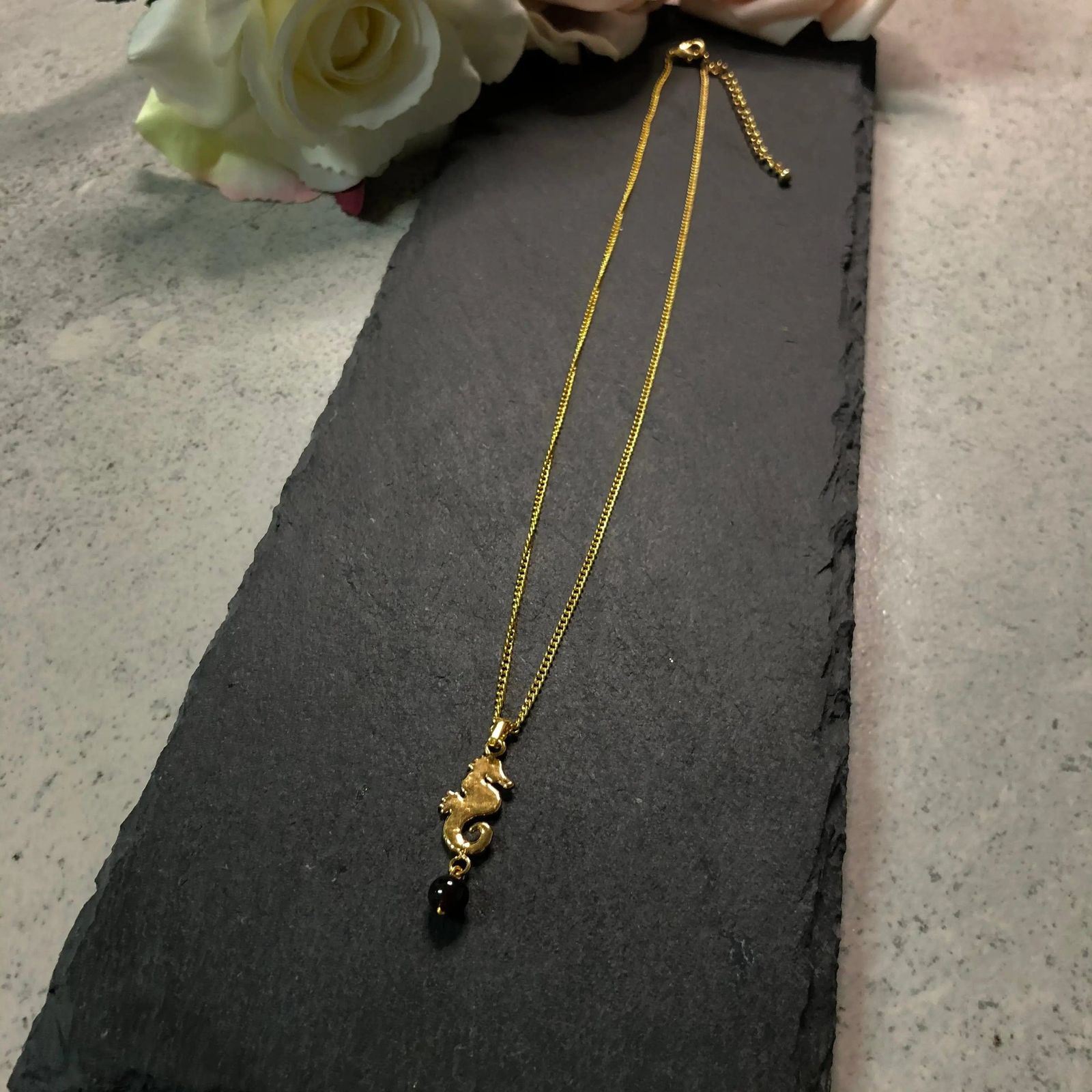 Miniature Seahorse & Garnet Bead Gold Plated Natural Leaf Pendant
