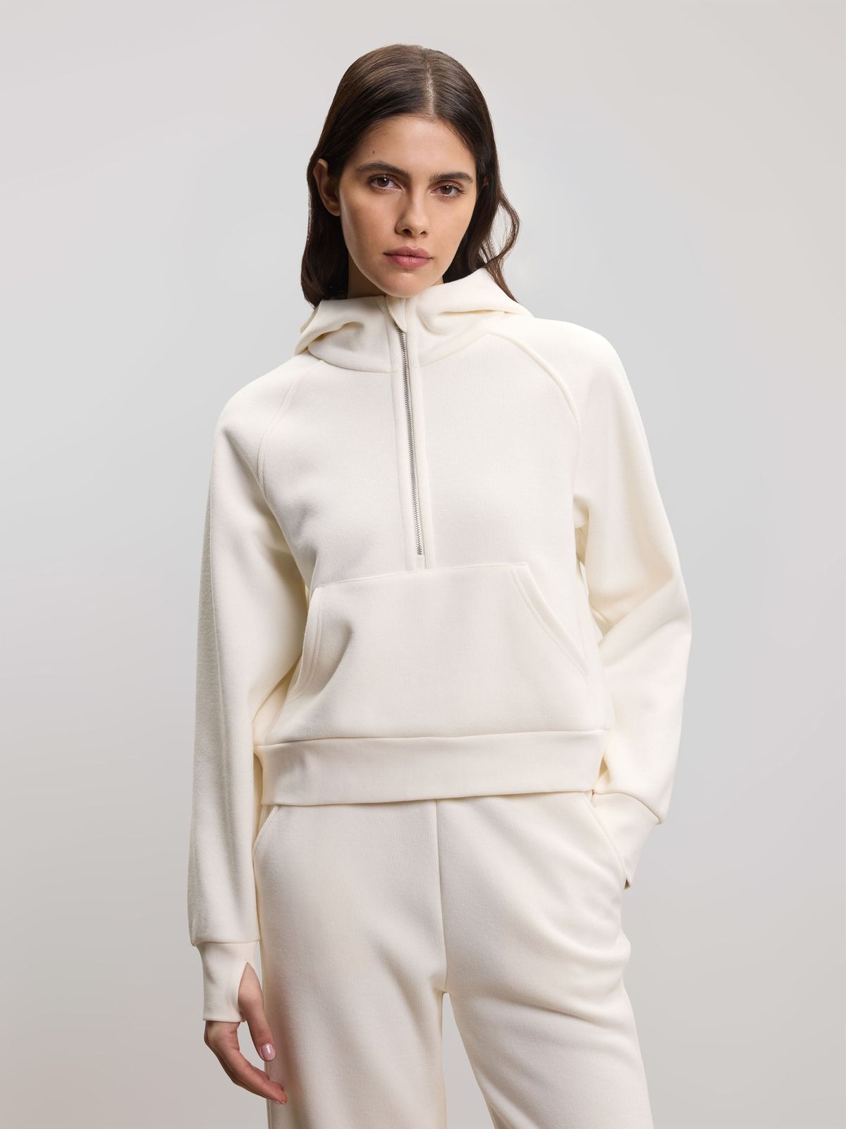 Womens Cosy Fleece Half Zip Hoodie in Ecru