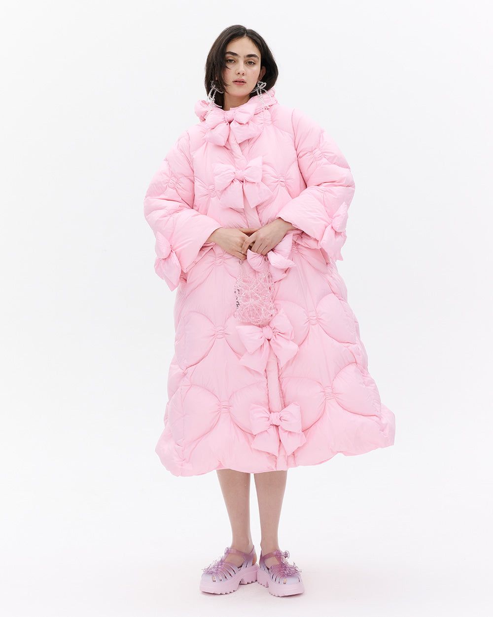 QUILTED BOW HOODED PUFFER JACKET