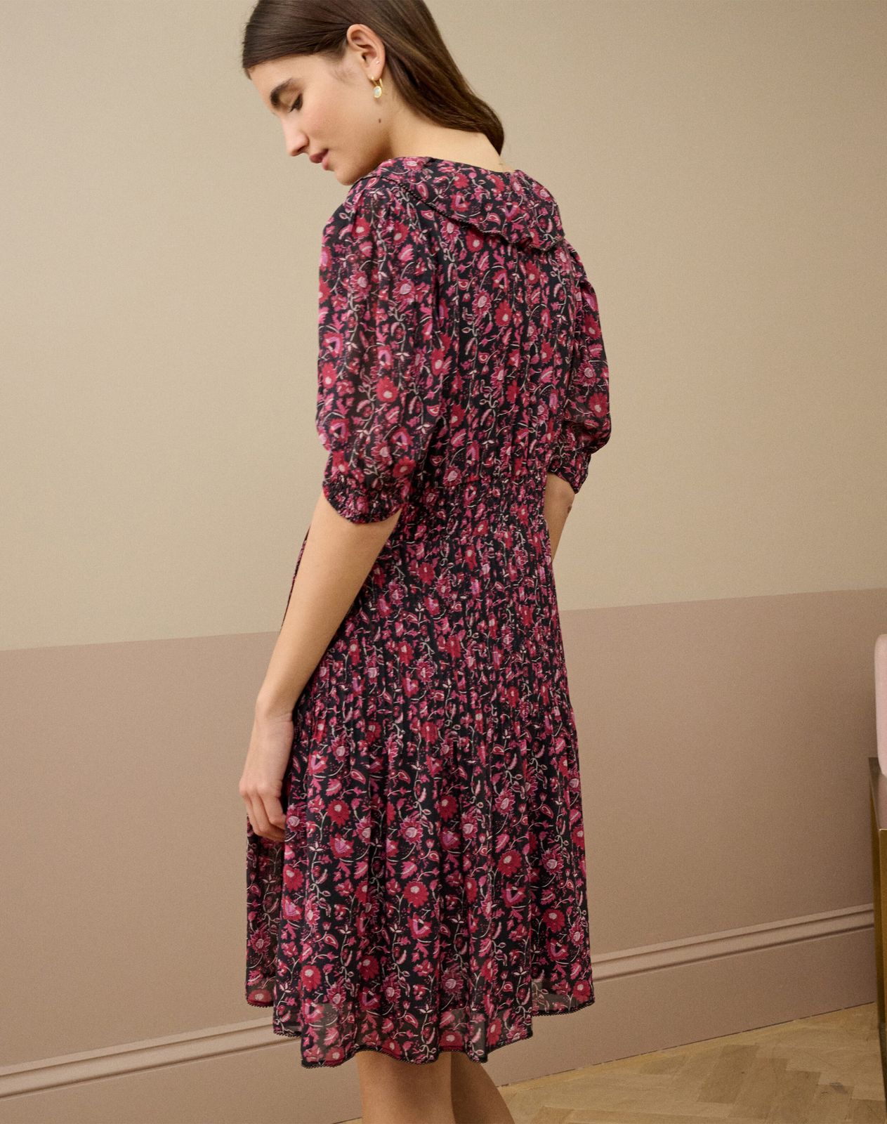 Silk Botanical Print Pintuck Dress