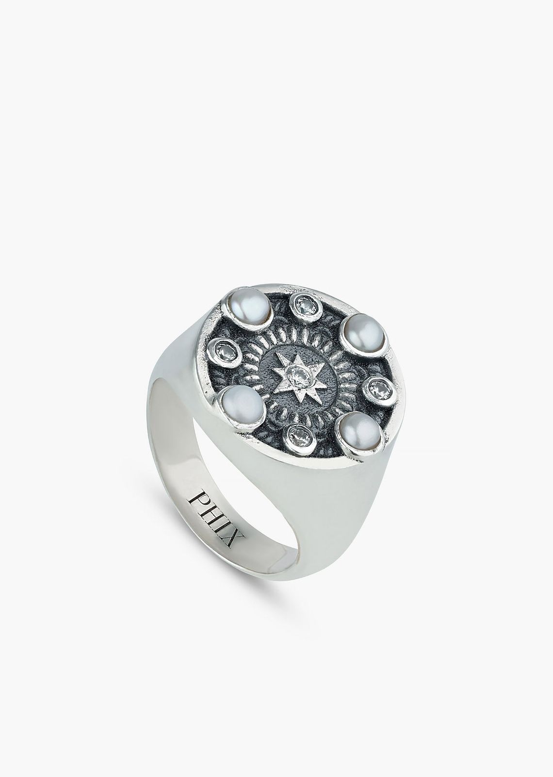 Silver Pearl & Crystal Signet Ring