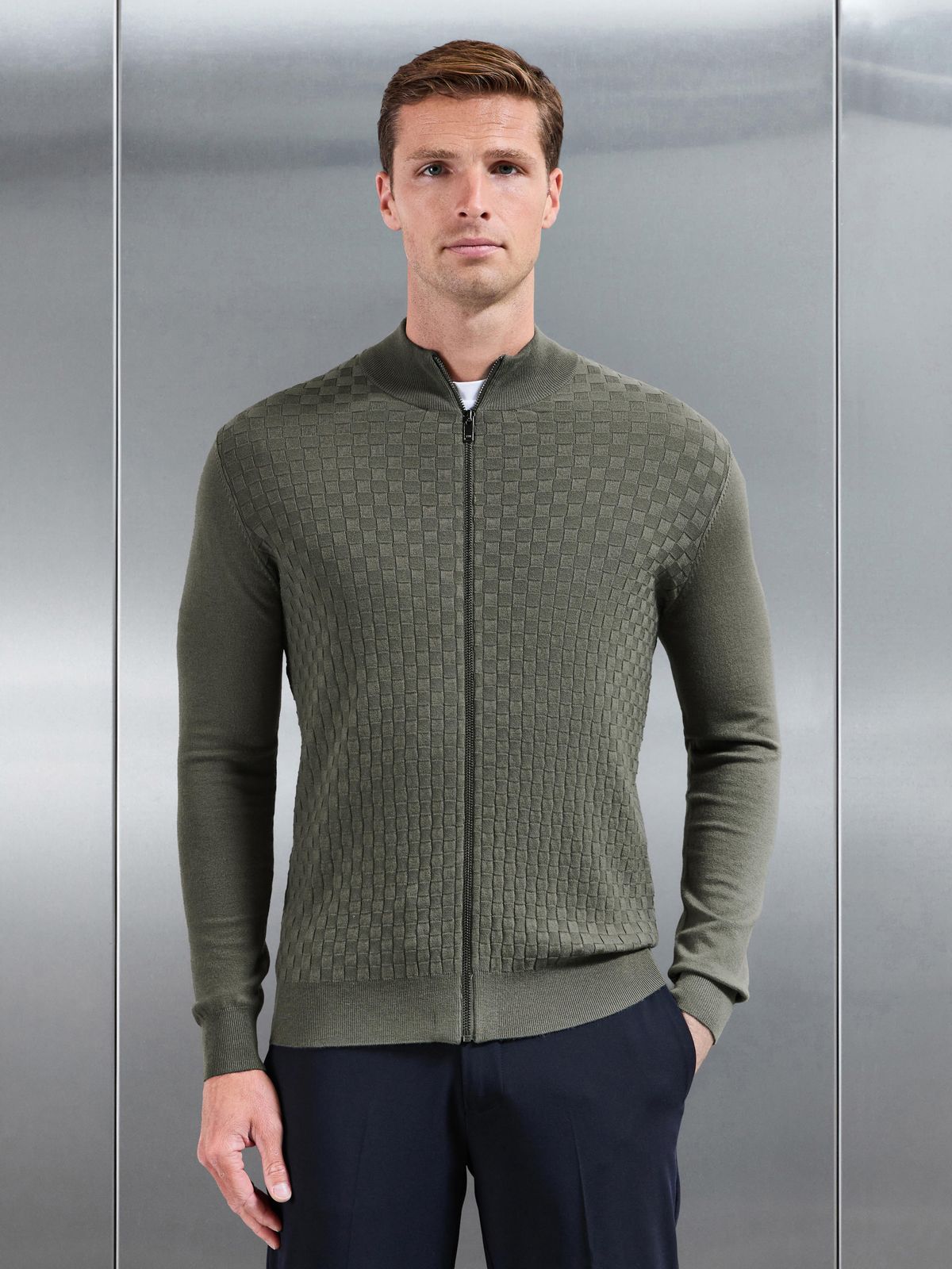 Square Textured Knitted Zip Jacket in Sage
