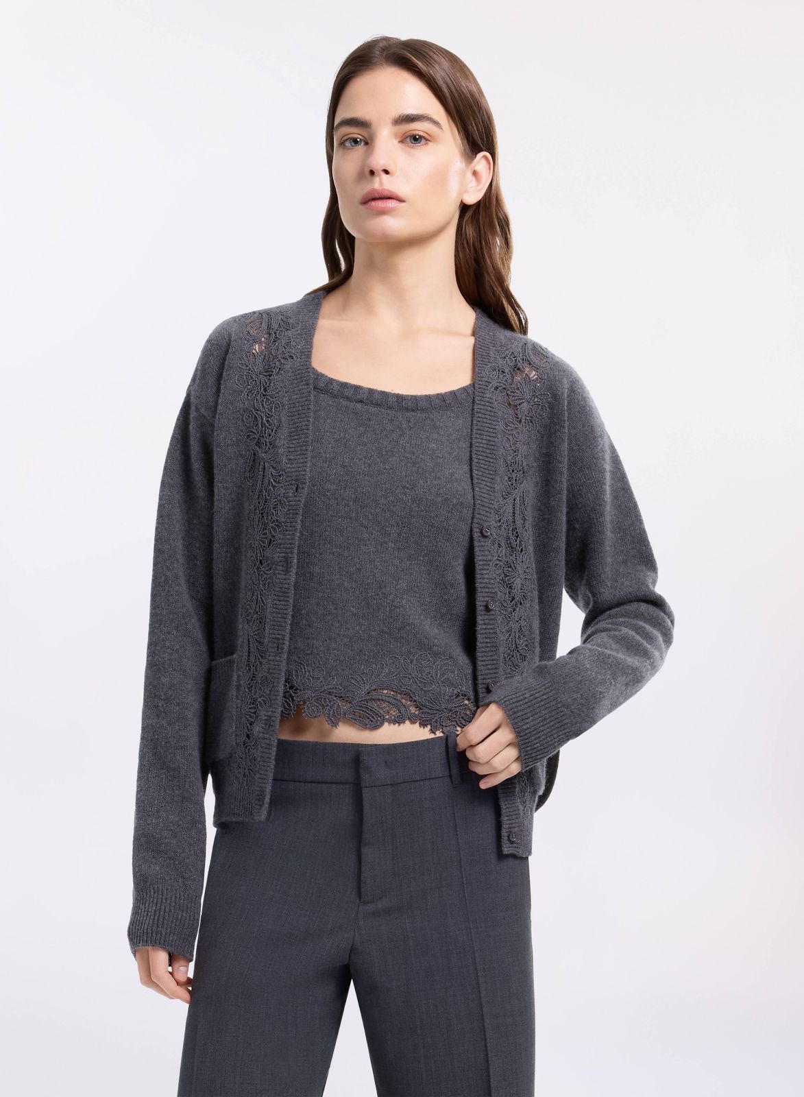 Knit & Lace Trim Twin Set