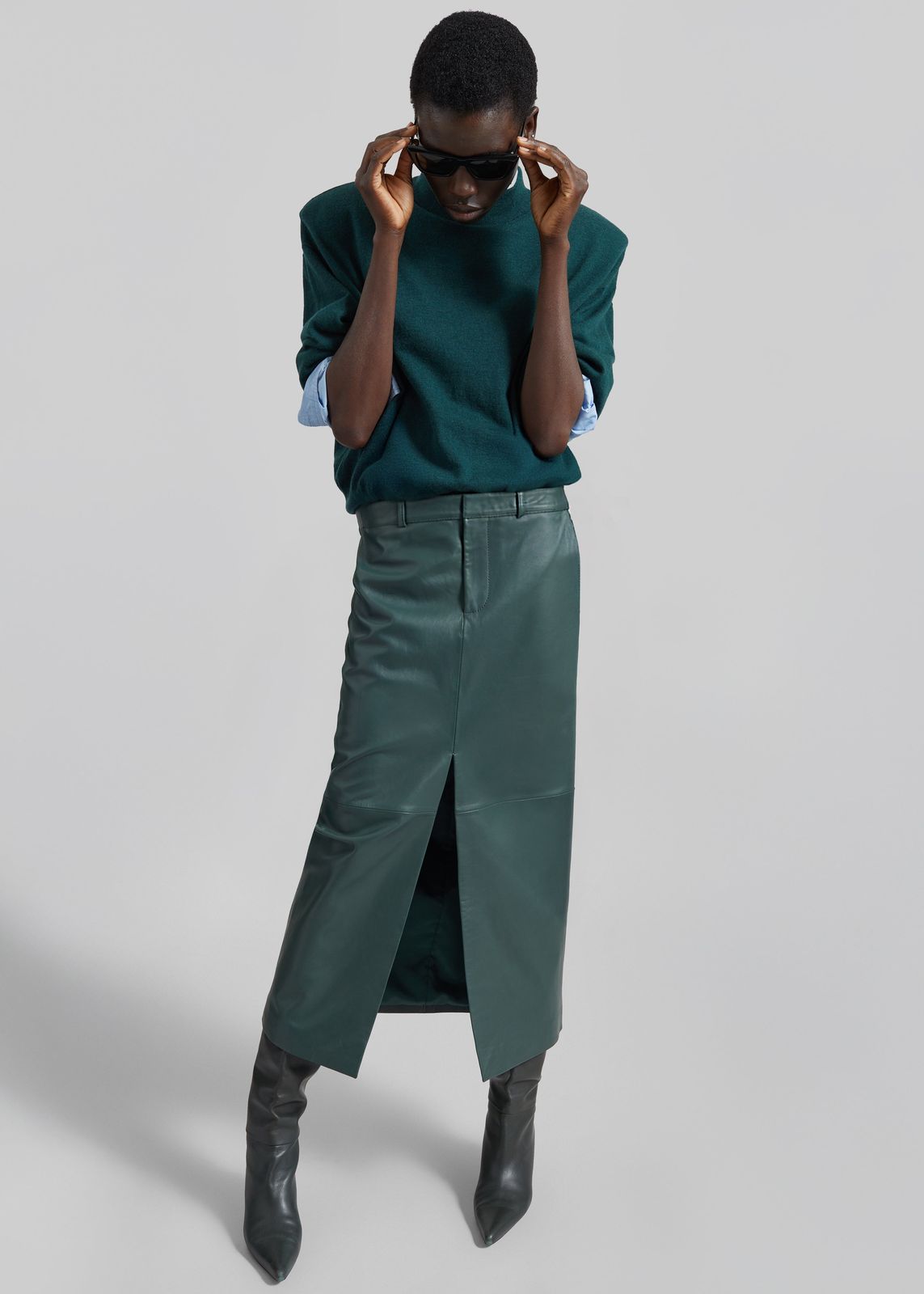 Maybelle Leather Front Slit Pencil Skirt - Bottle Green