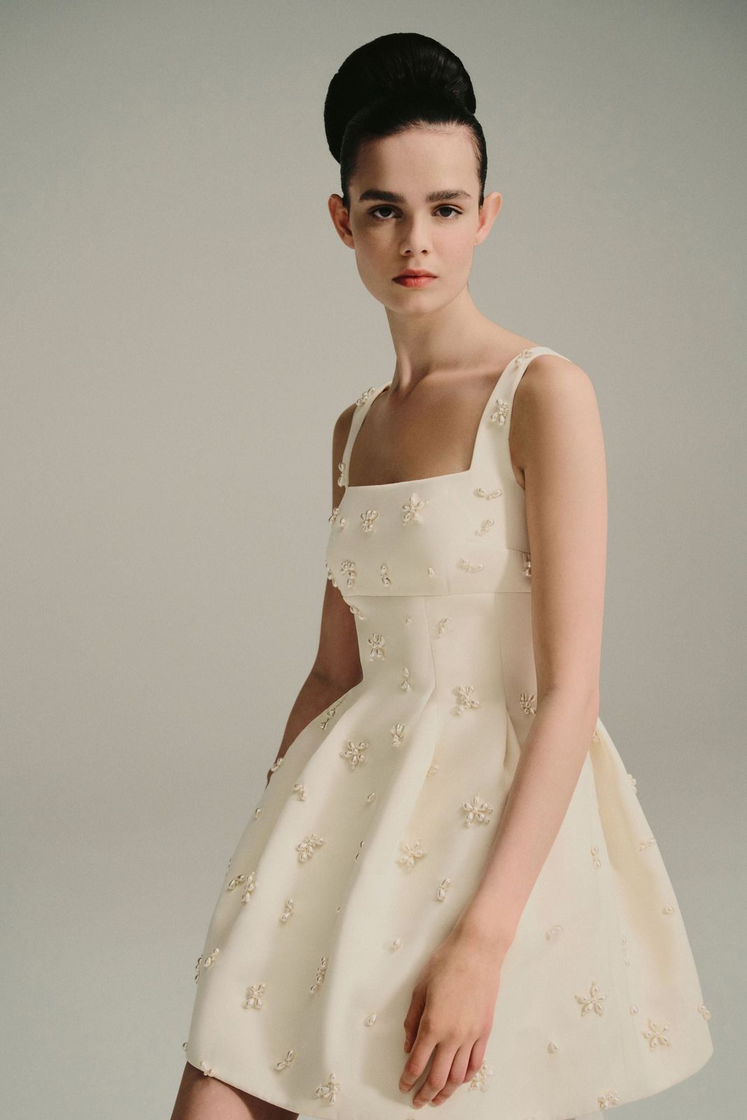 Gayla Bridal Dress in Ivory Satin Doppio with Embellished Pearl Clusters
