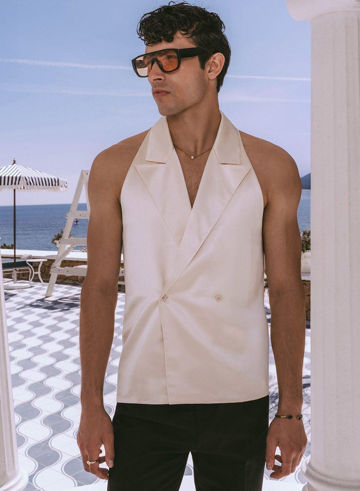 Pearl Satin Double Breasted Sleeveless Shirt