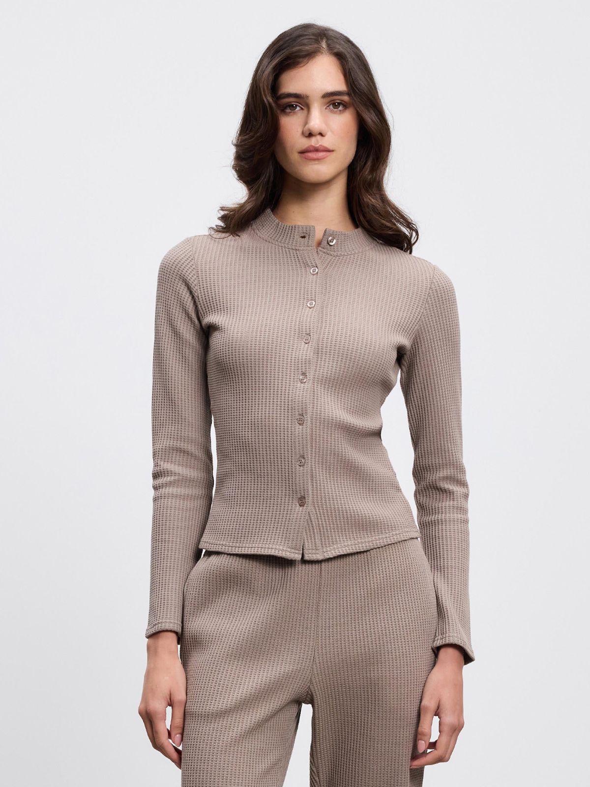 Womens Waffle Button Through Cardigan in Taupe