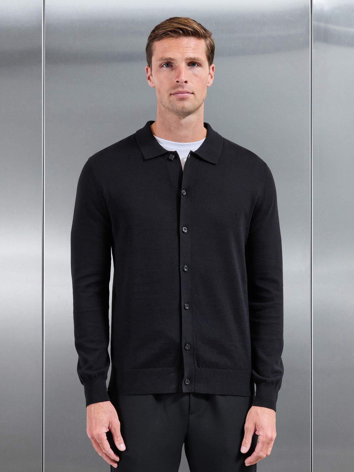 Cotton Knitted Button Through Overshirt in Black