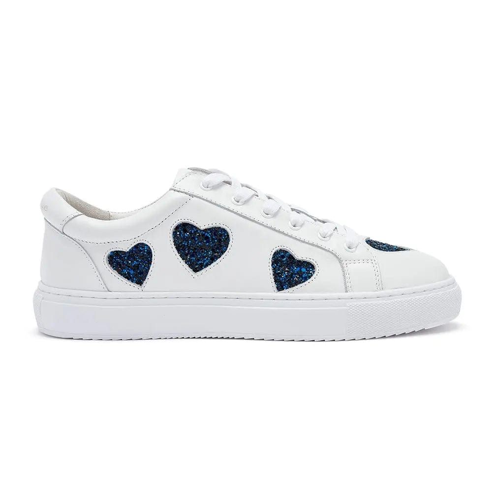 Hoxton - White Leather Trainers with Navy Glitter Hearts