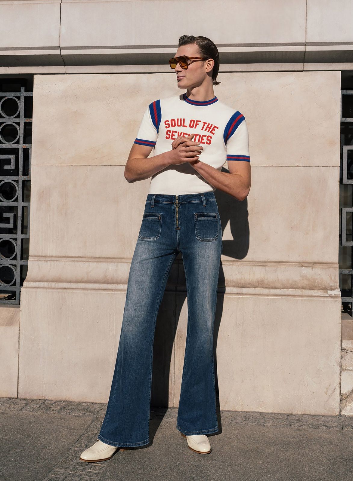O-Ring Zip Faded Blue Denim Flare Jeans