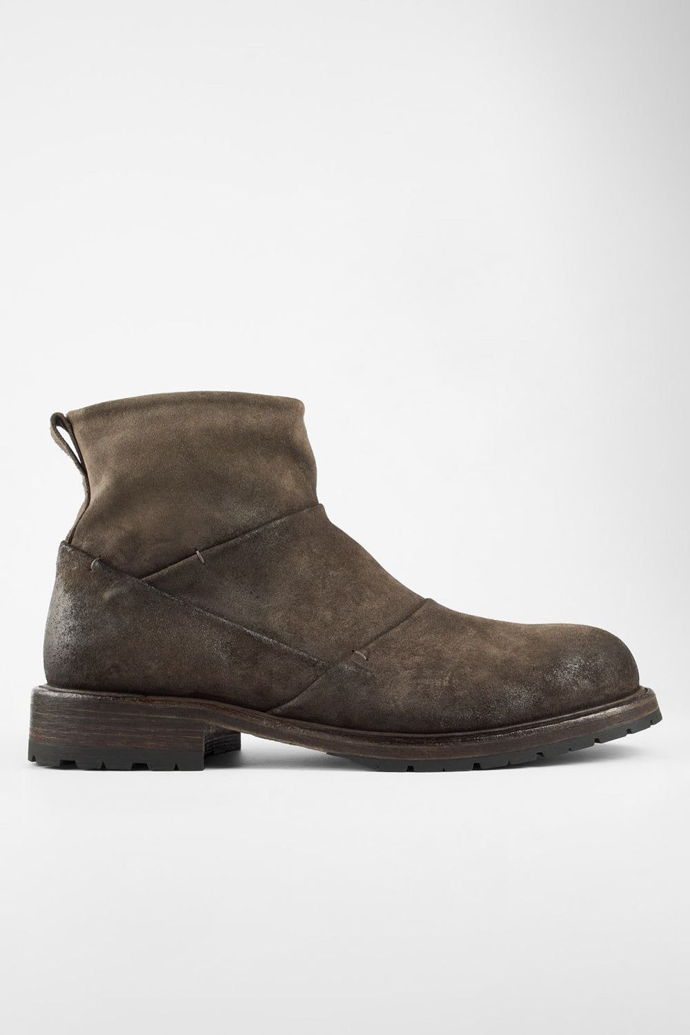 ROWLEY dark-earth folded suede laceless boots.