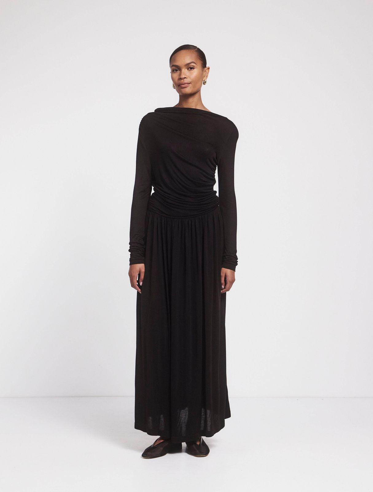 Romy Long Sleeve Draped Dress in Black