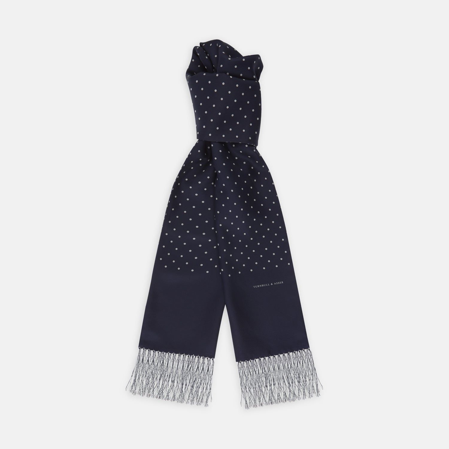 Navy and White Spotted Silk Scarf with Fringes
