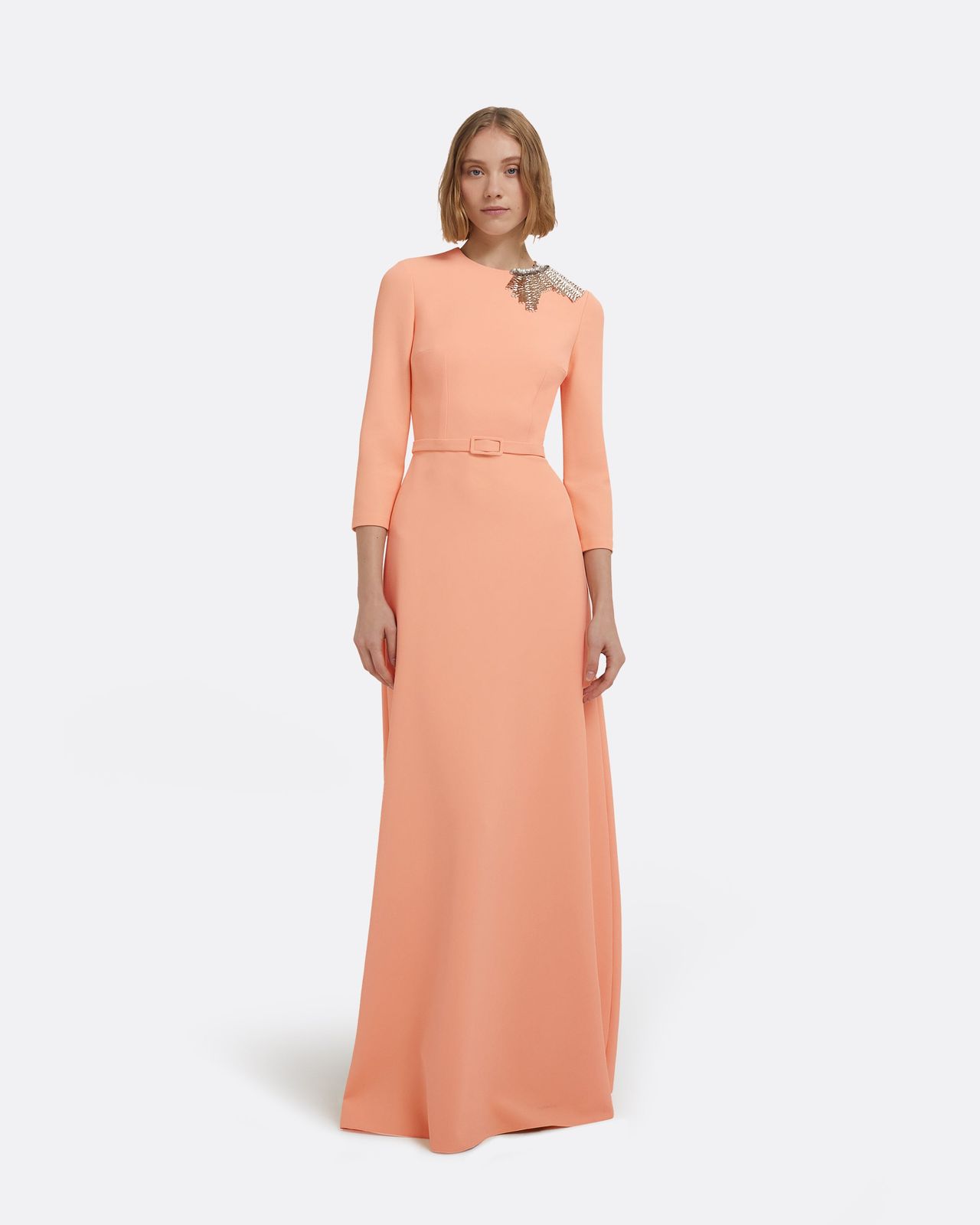 Aspen Long Dress in Apricot With Gunmetal Embellishment