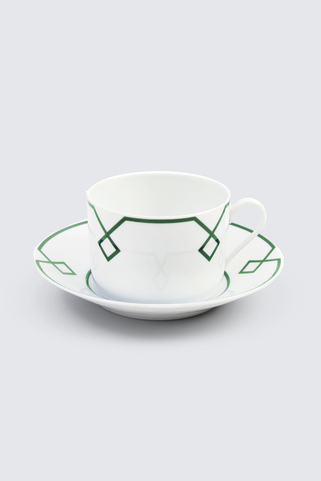 Naples Tea Cup and Saucer with Green Geometric Border