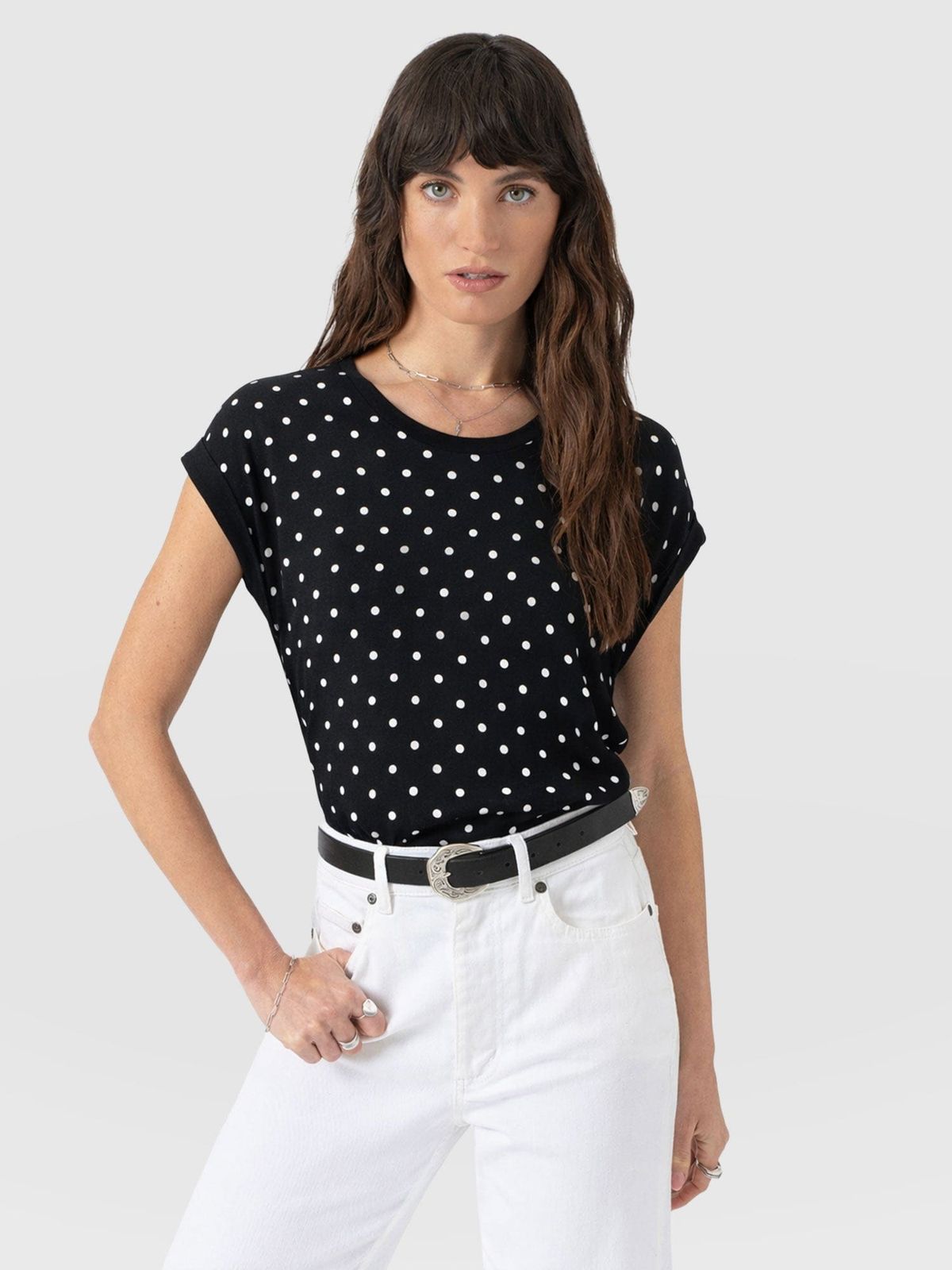 Turn Up Contrast Tee - Black Polka Dot