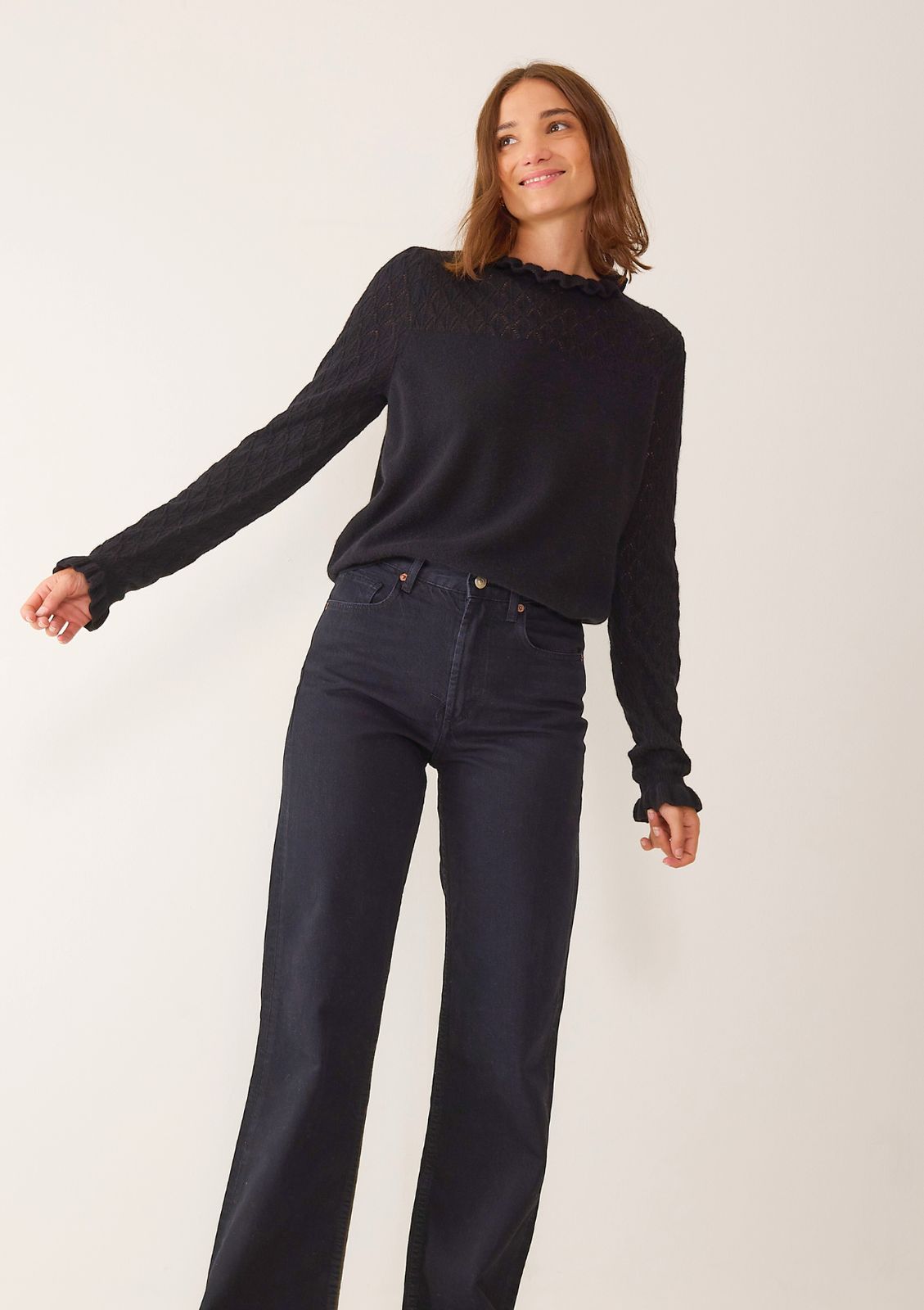 Tie Neck Pointelle Sweater in Black