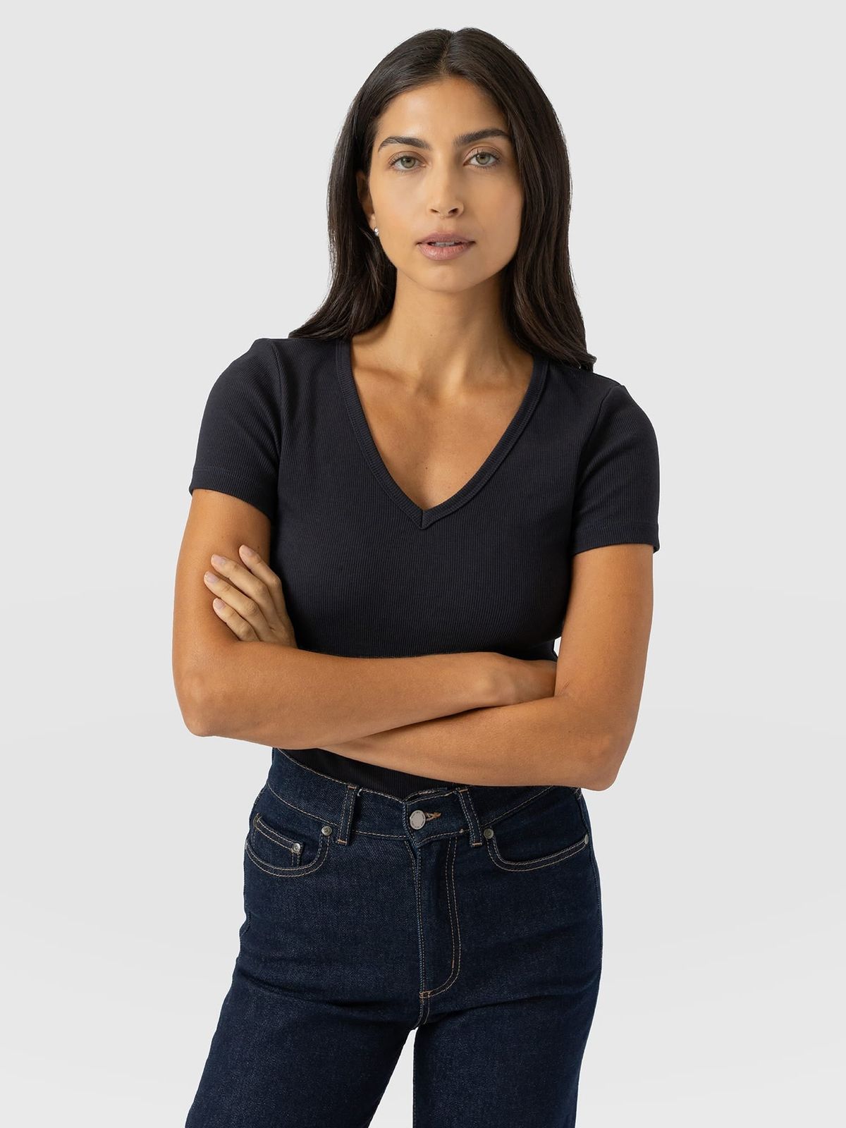 Ribbed V Neck Short Sleeve Tee - Navy