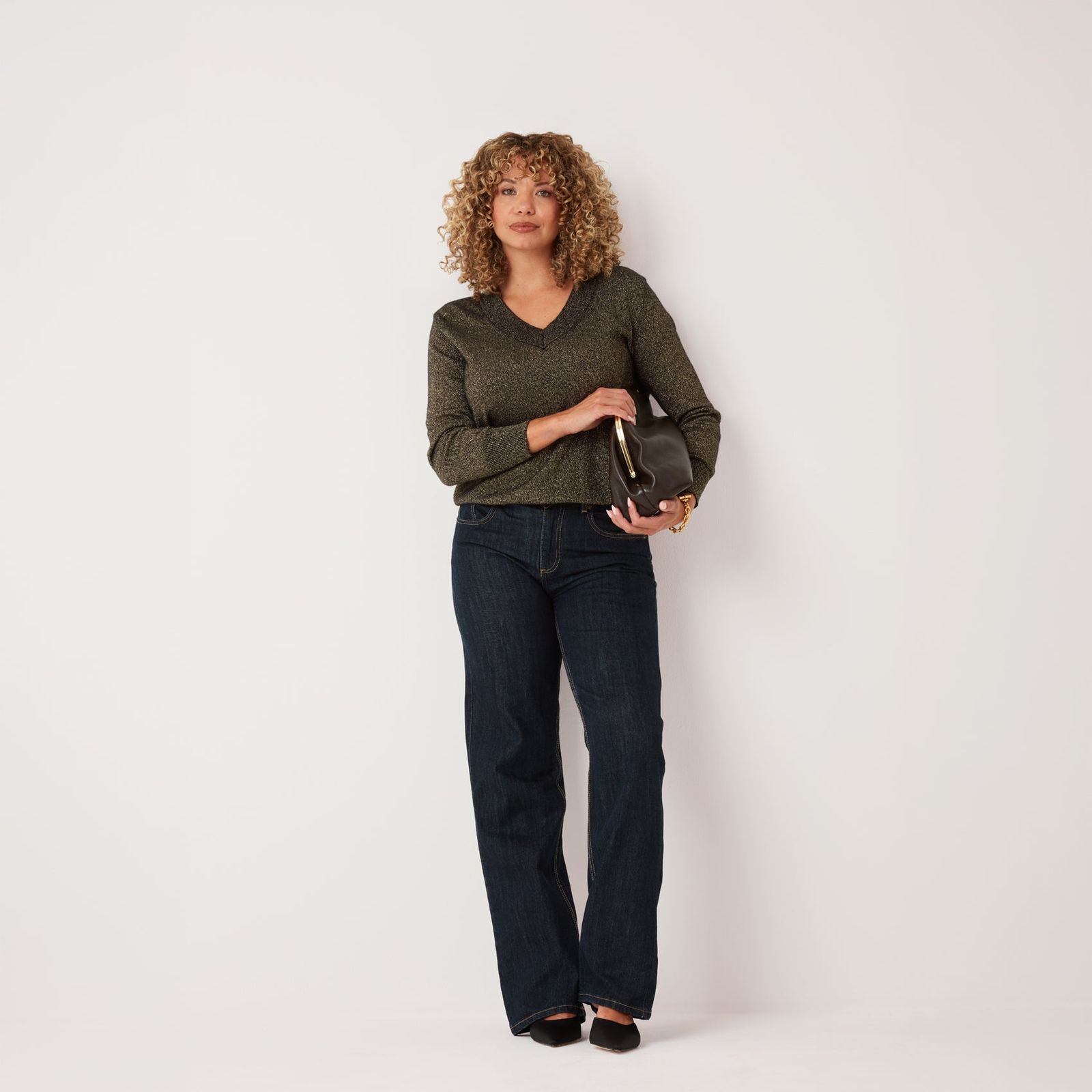 V-Neck Sweater in Black & Gold Lurex Twist