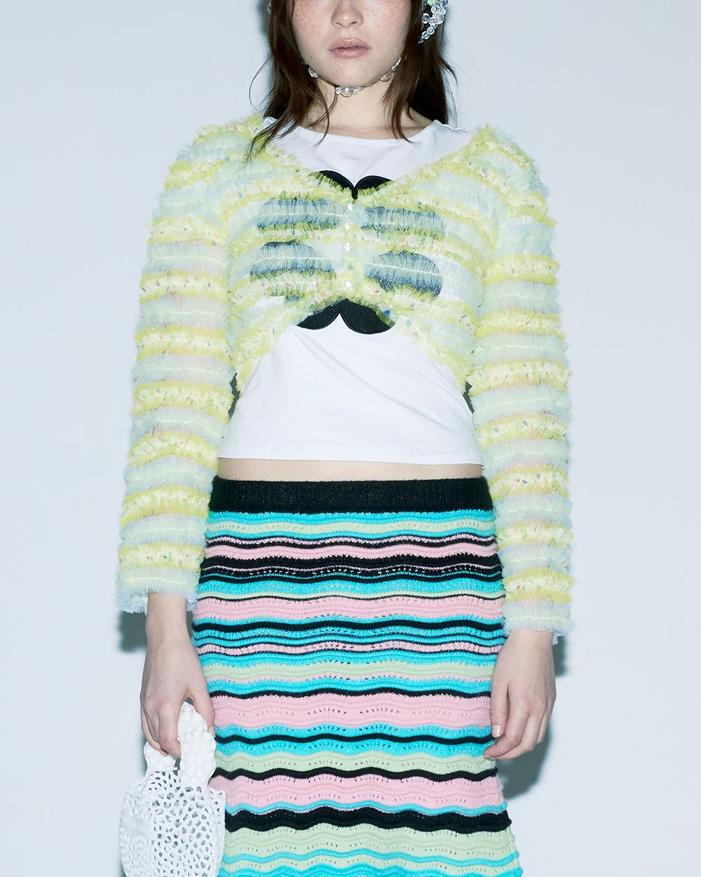 SHIRRED TULLE 3/4 CARDIGAN
