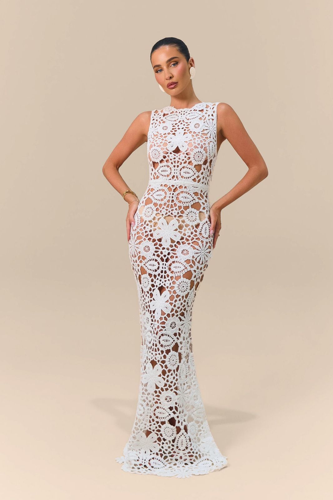 CAPRIA CROCHET HIGH NECK LACE MAXI DRESS | WHITE