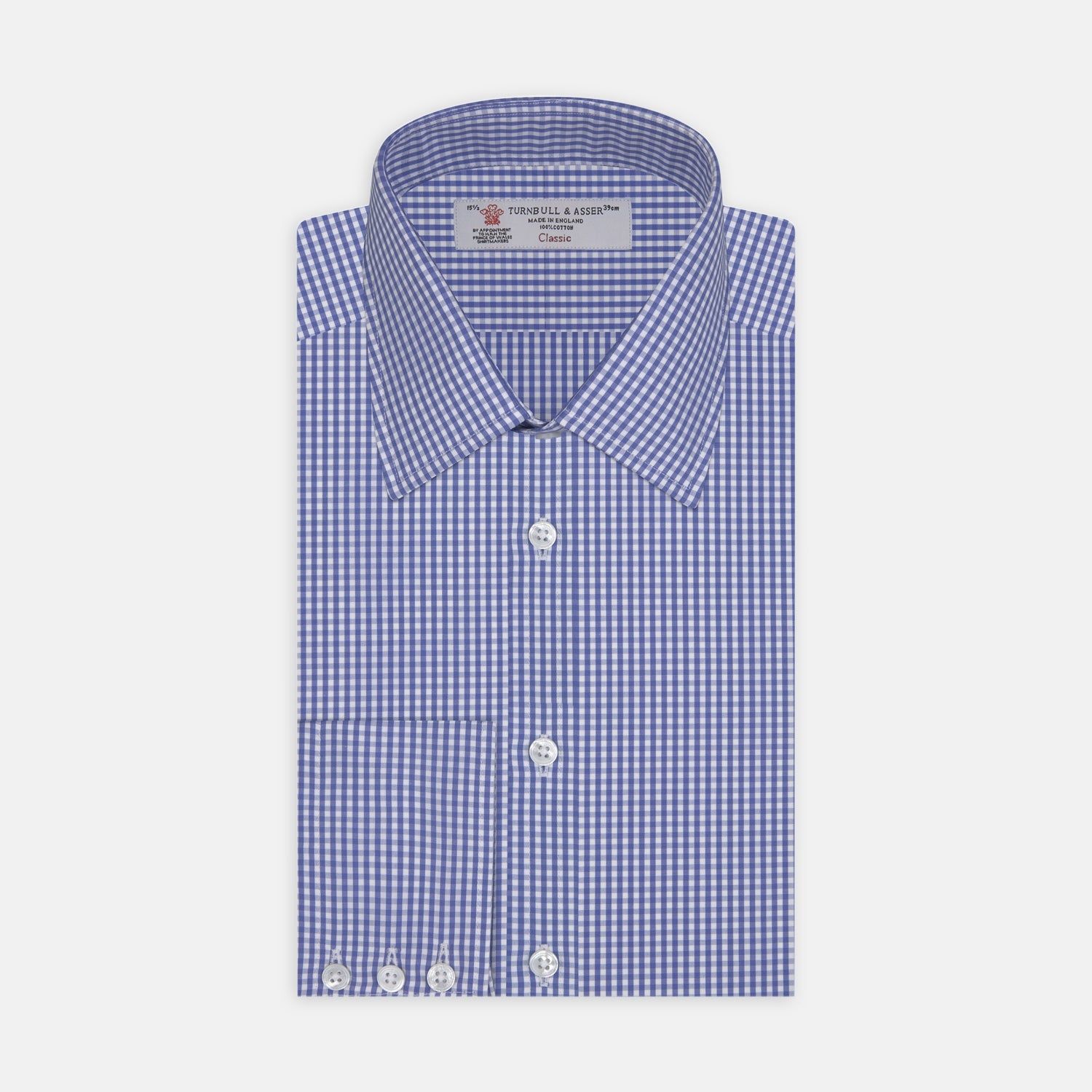 Mid-Blue Gingham Check Shirt with T&amp;A Collar and 3-Button Cuffs