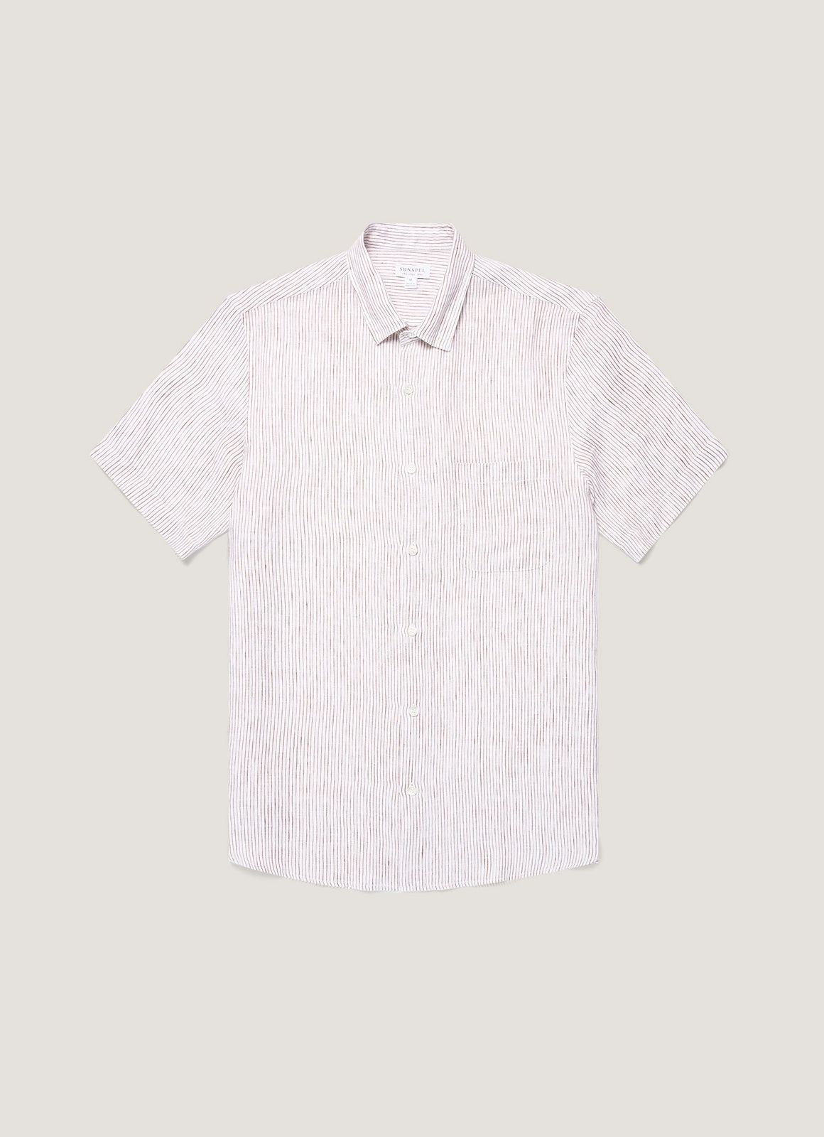 Men's Short Sleeve Linen Shirt in White/Dark Chocolate
