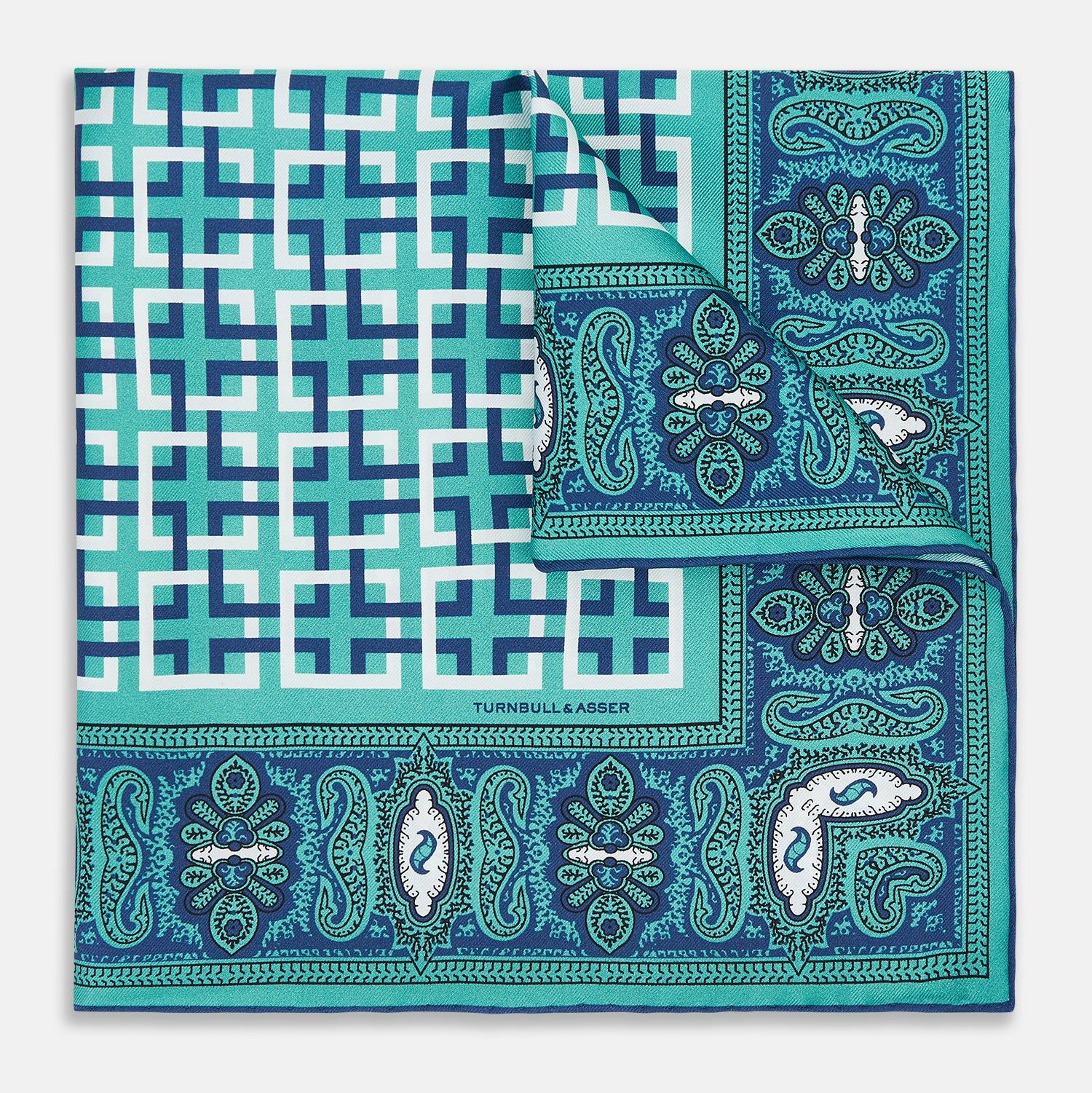 Turquoise Square-Patterned and Paisley Silk Pocket Square