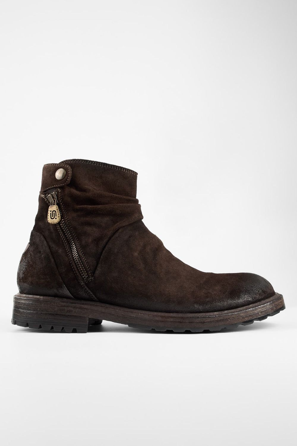 KEATS burnt-umber suede laceless boots.