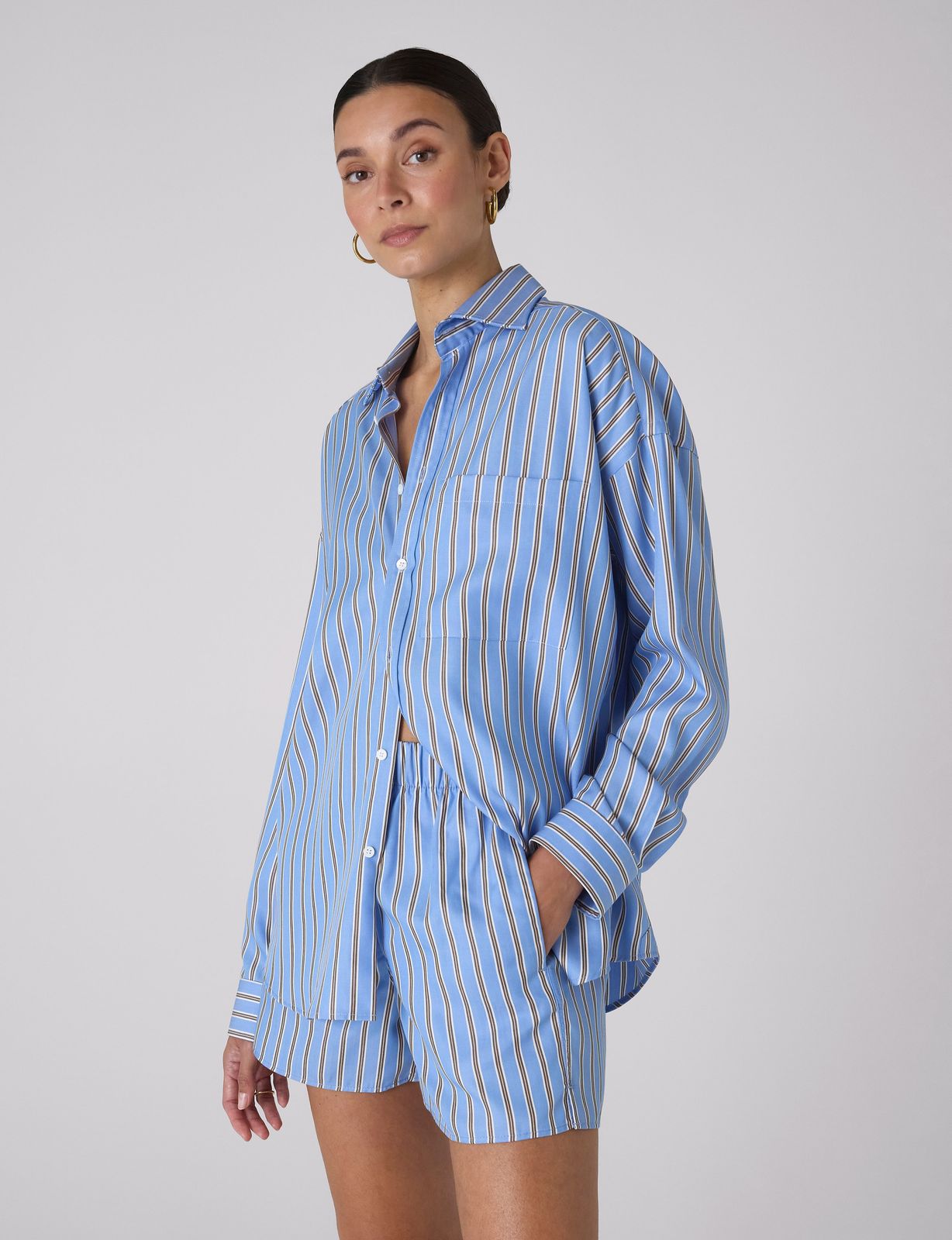 The Set: Tencel™ Lyocell Cornflower Mocha Stripe Shirt & Boxer