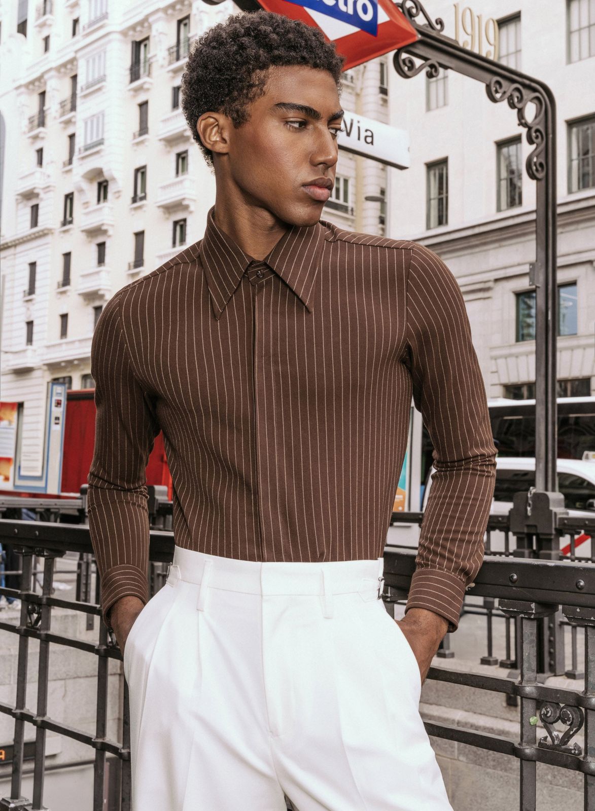 Dark Brown Pinstripe Point Collar Shirt