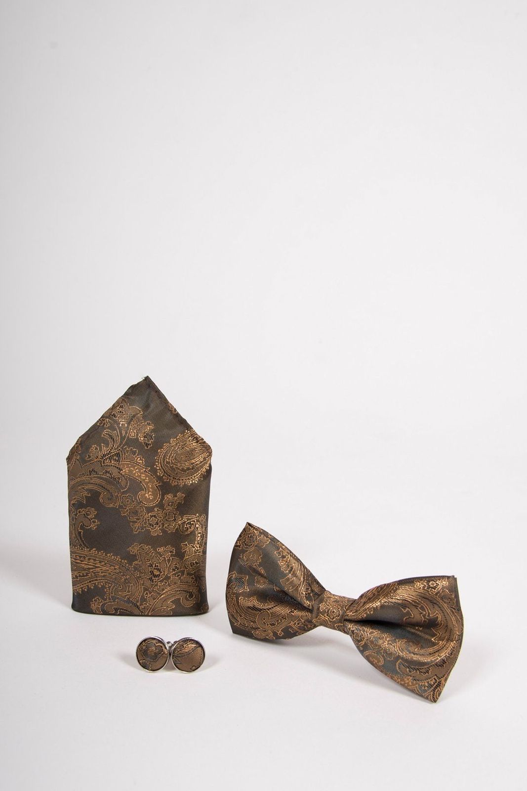 Gold Tan paisley Bow Tie Set-Bow tie, pocket square, Cufflinks.