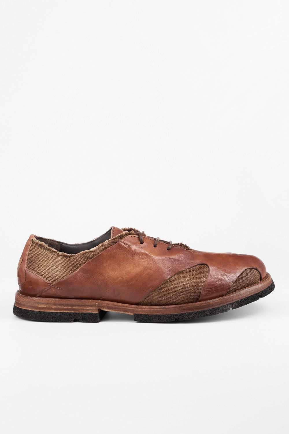 HARVEY tan-brown leather & canvas oxford shoes.