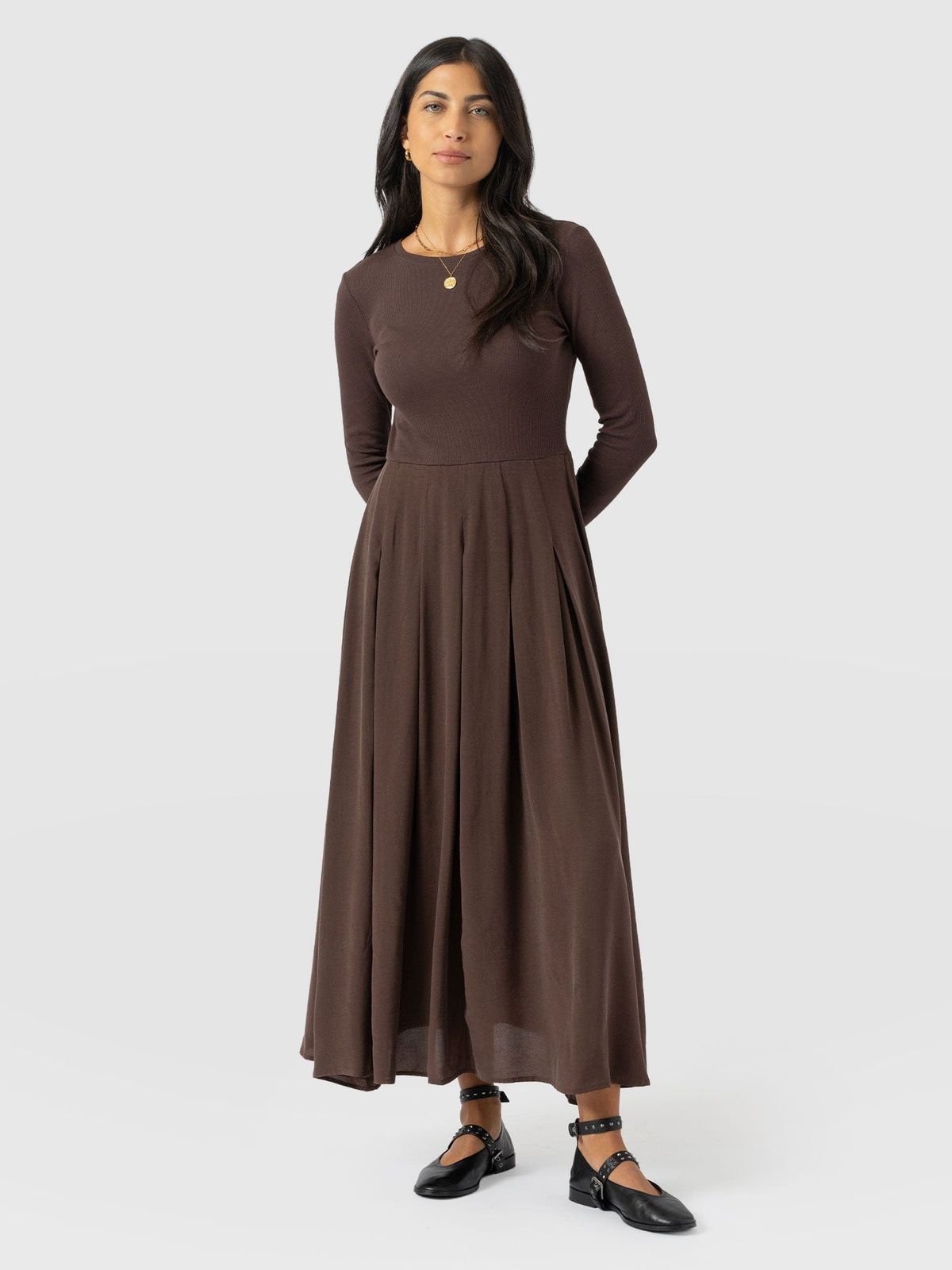 Renee Contrast Long Sleeve Dress - Brown