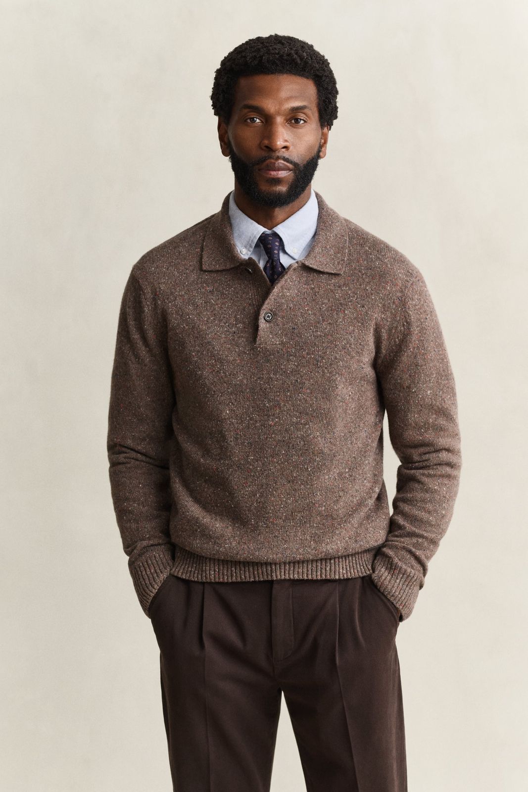 Wool Blend Nepps Polo Sweater - BLUE HORIZON