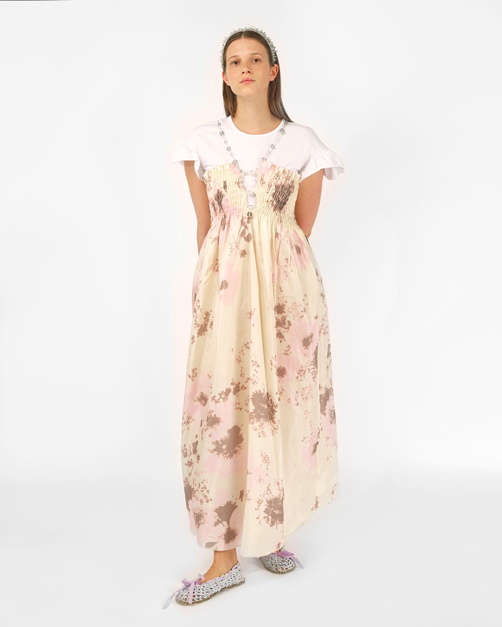 BEADED SMOCKED MIDI DRESS