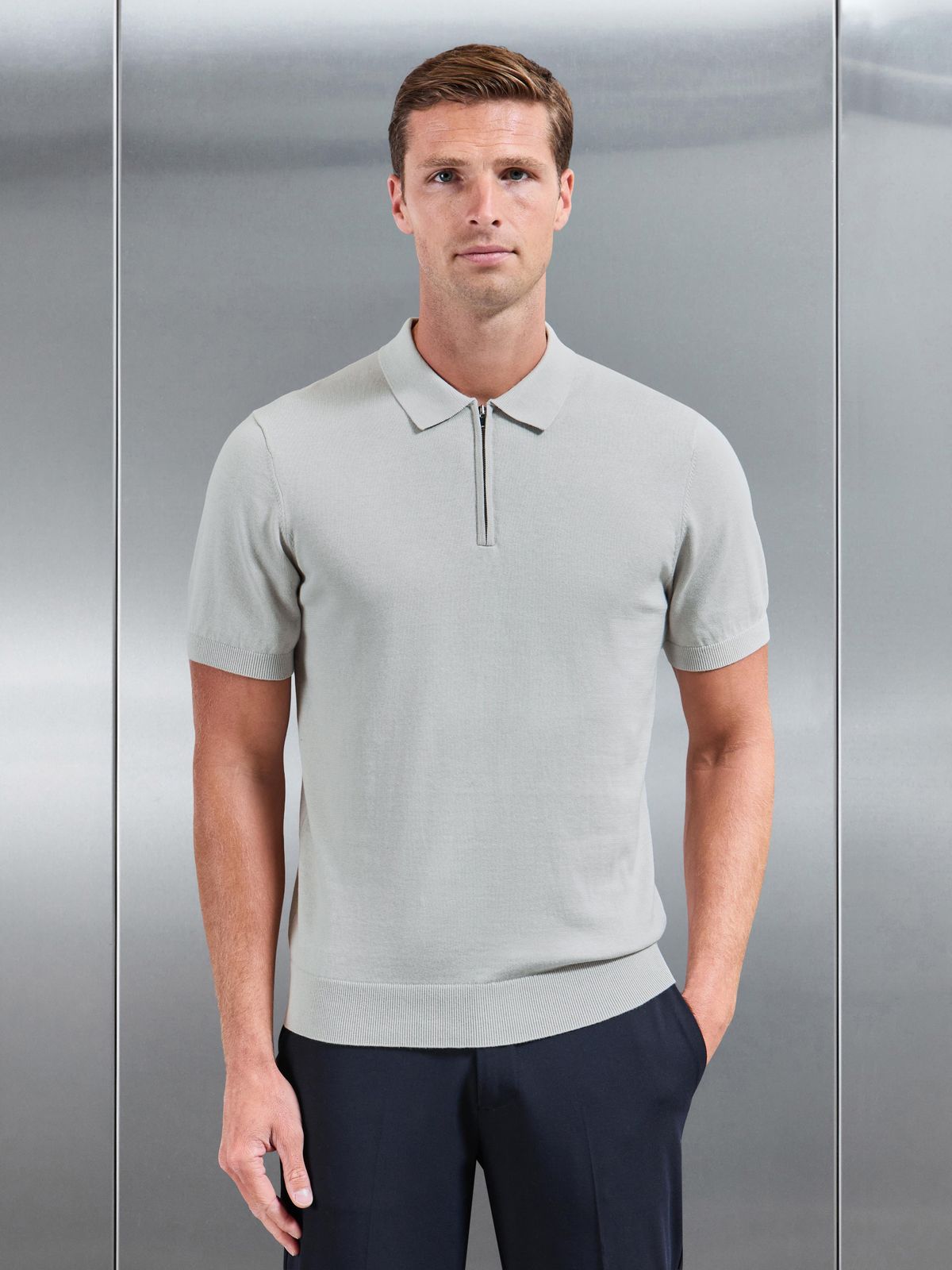 Cotton Knitted Zip Polo Shirt in Mid Grey