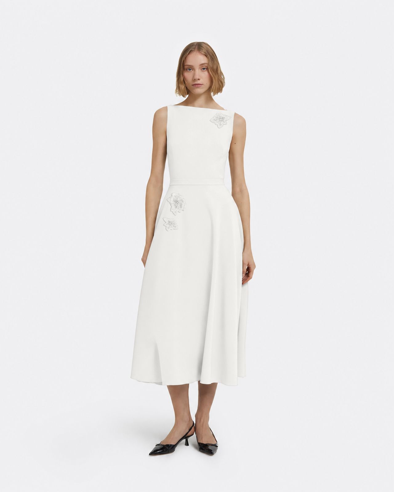 Ginny Midi Dress in Ivory with Pearl