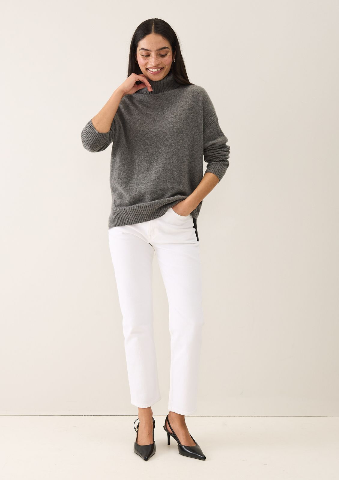 Chevron Detail Relaxed Polo Neck Sweater in Thunder Grey