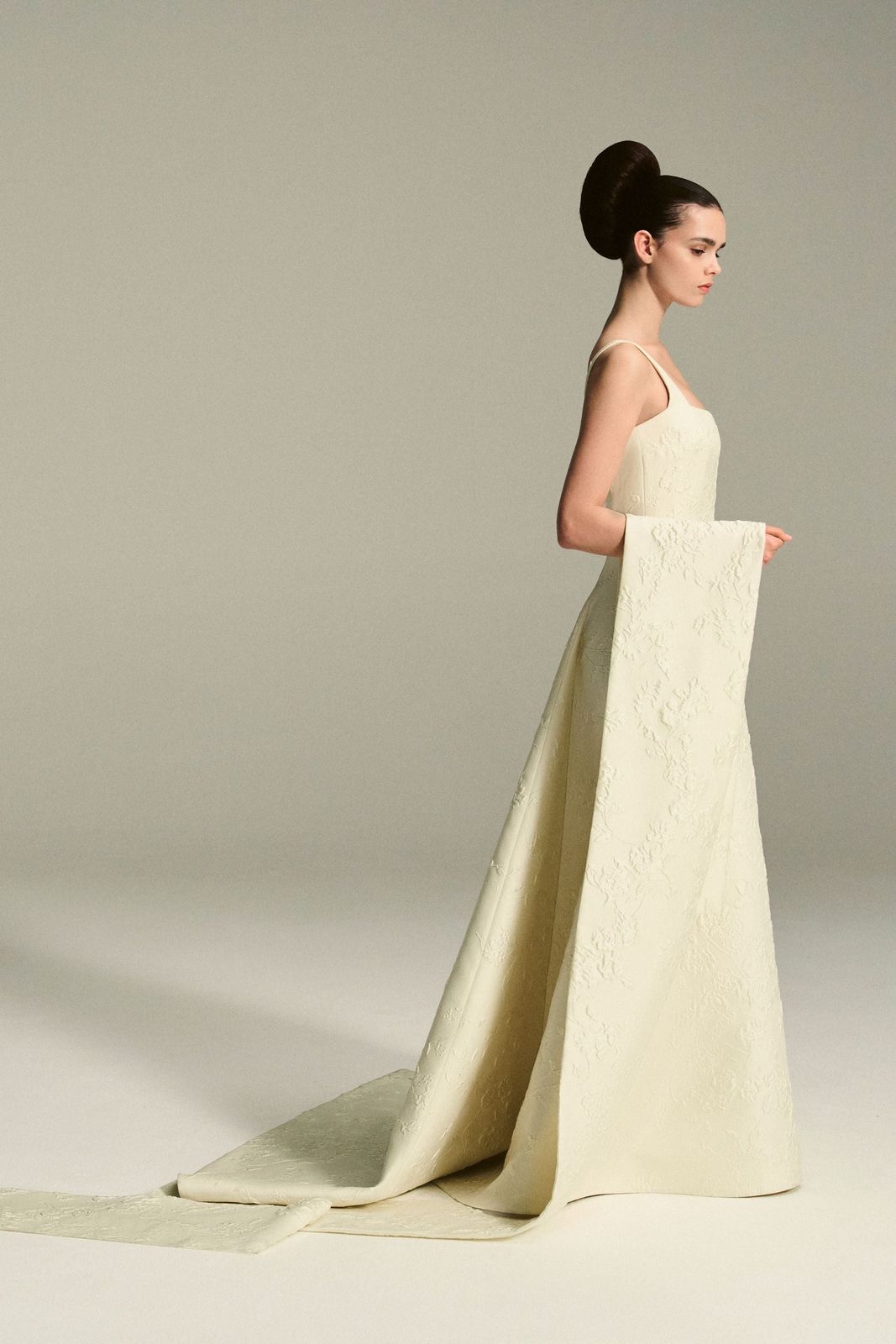 Irena Bridal Dress in Ivory Fine Floral Jacquard with Sophia Scarf Train