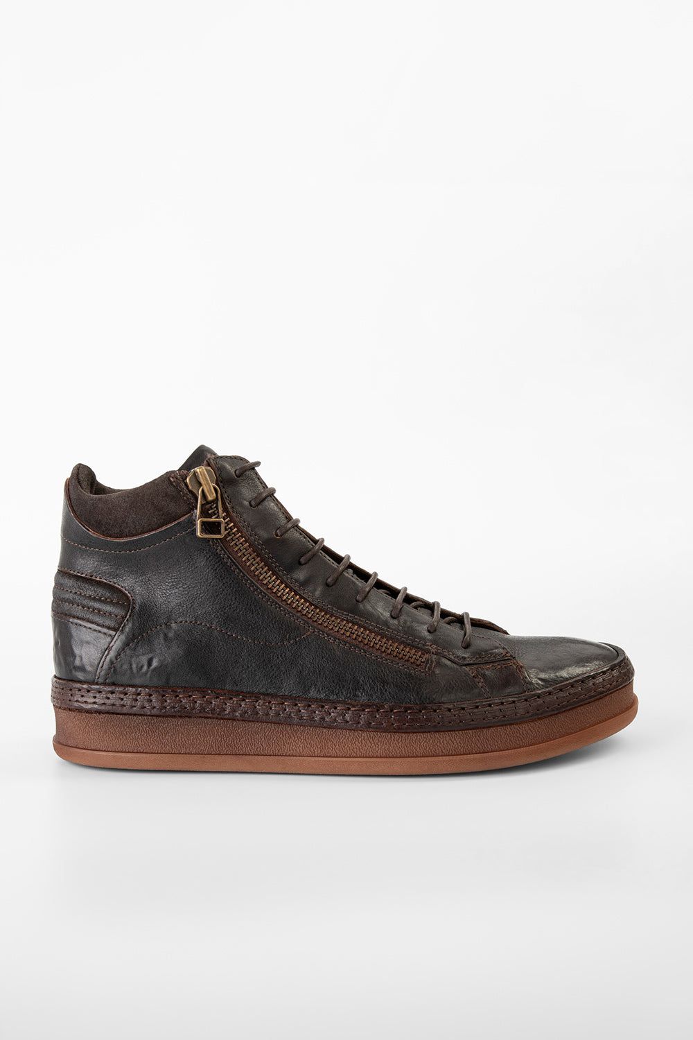 COLE dark-cocoa welted double-zip high sneakers.
